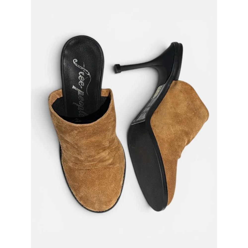 Free People Leila Tan Brown Suede Ruched Stiletto Mules 36 Sz 6